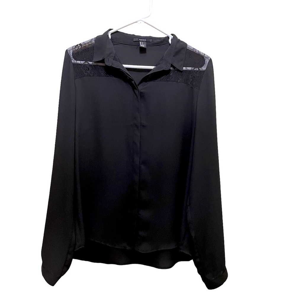 Forever 21 Black sheer blouse with lacy shoulders. Sz. Sm.